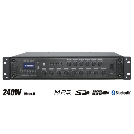 Wzmacniacz radiowęzłowy 100V Restauracja, Szkoła, Siłownia - PAD-240BC Mp3 / Radio FM / Bluetooth / 3 strefy