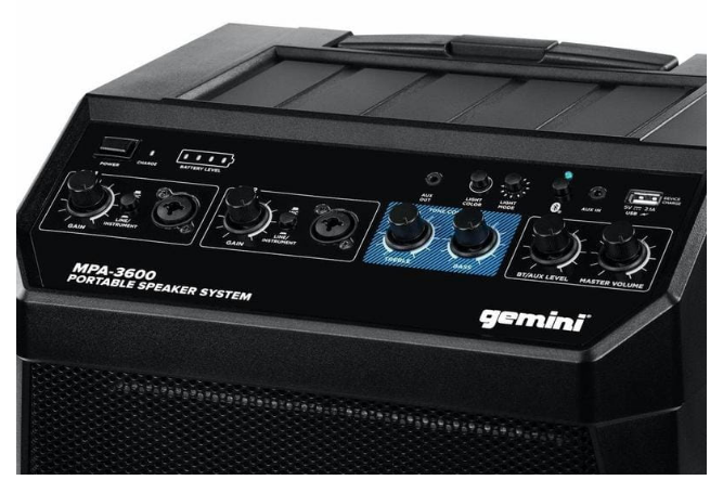 GEMINI MPA-3600 Przenośny system PA, 2 kanały, BT,USB, akumulator, diody LED, wózek