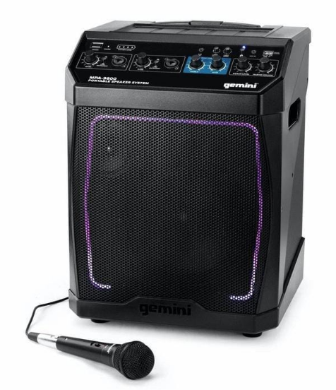 GEMINI MPA-3600 Przenośny system PA, 2 kanały, BT,USB, akumulator, diody LED, wózek