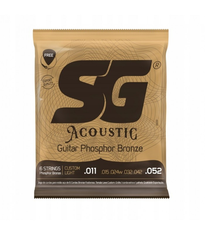SG - struny do gitary akustycznej 11-52 Phosphor Bronze + struna E i kostka
