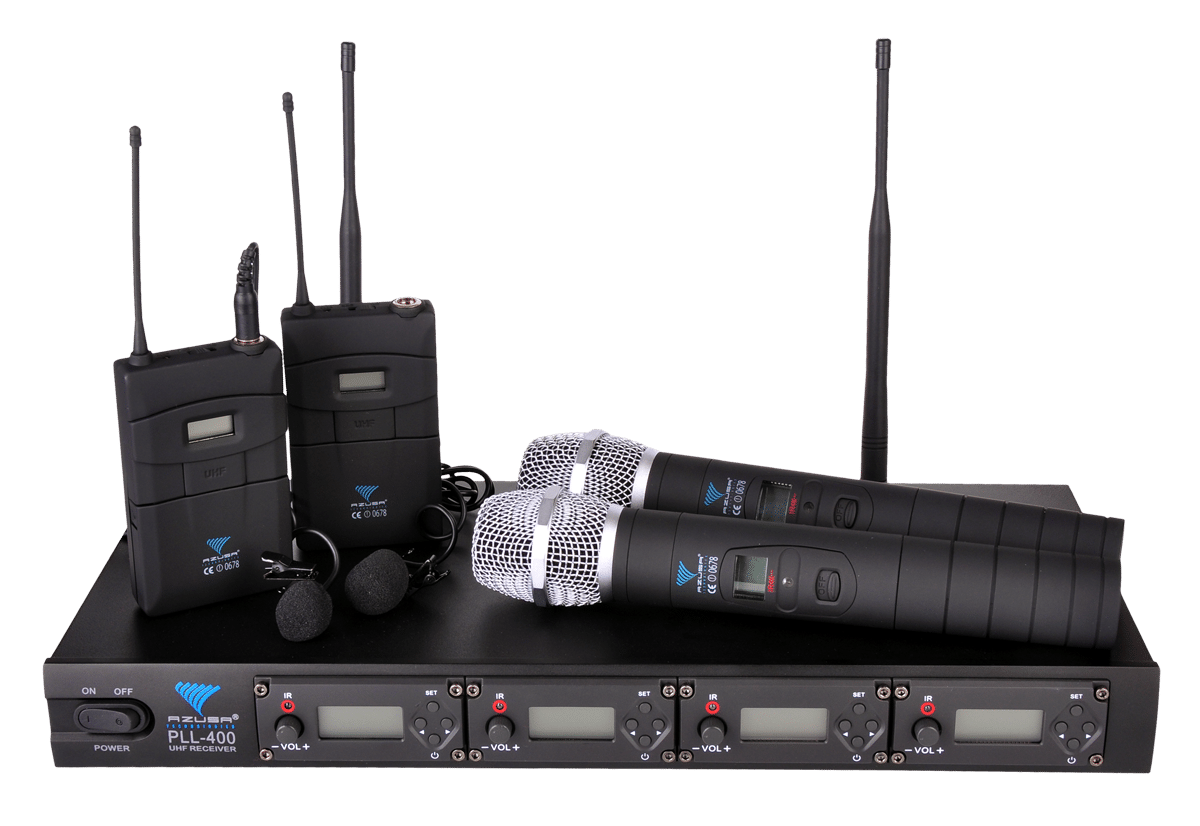 Mikrofon PLL-400 UHF 4 kanały - system bezprzewodowy doręczny + krawatowy