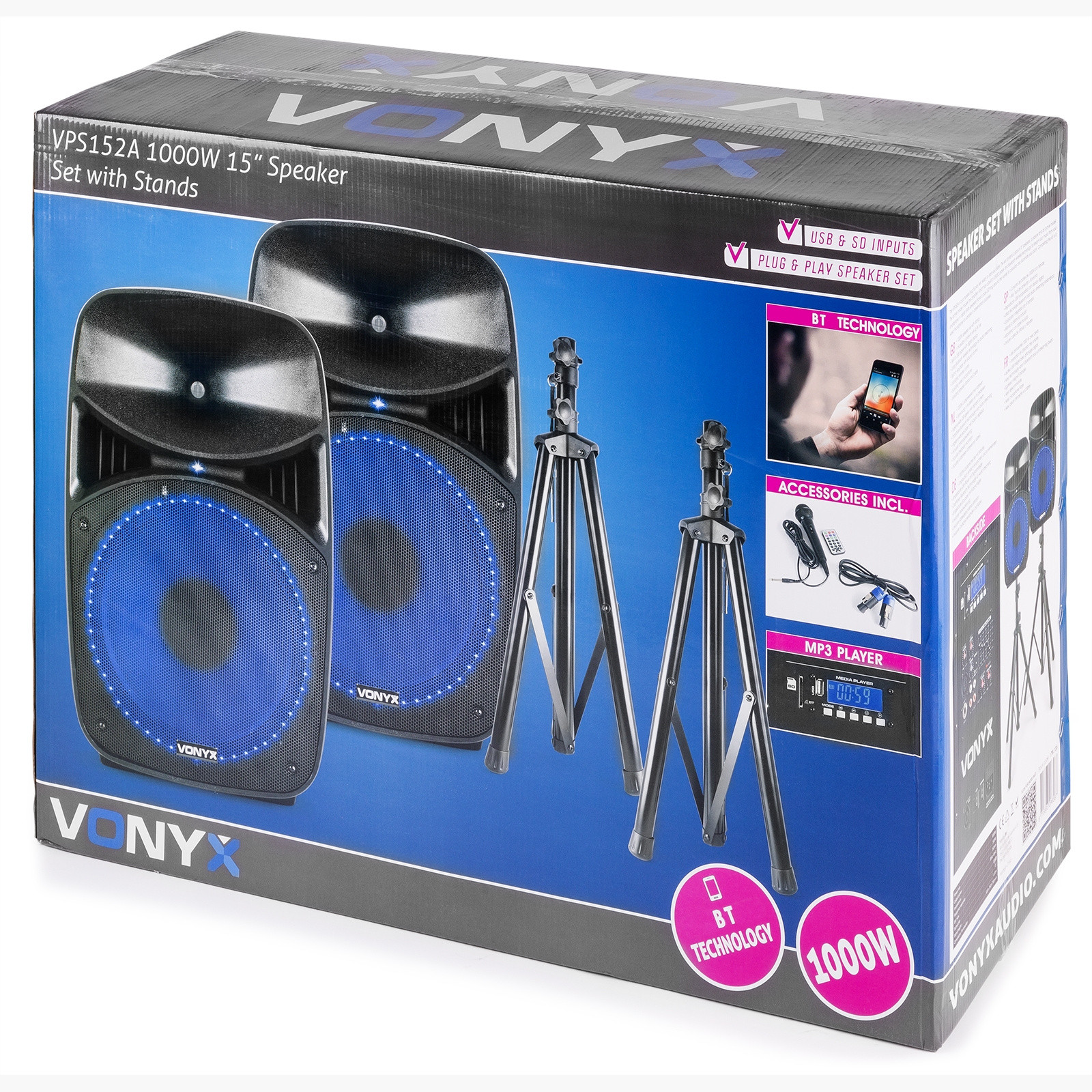 Vonyx VPS152A 1000W + statywy + mikrofon - aktywny zestaw nagłośnieniowy
