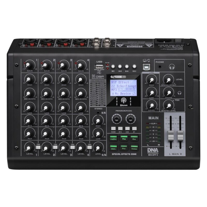DNA MIX-EFF 6 - analogowy mikser dźwięku 6 kanałów USB MP3 Bluetooth Phantom +48V DSP EQ efekty dźwiękowe