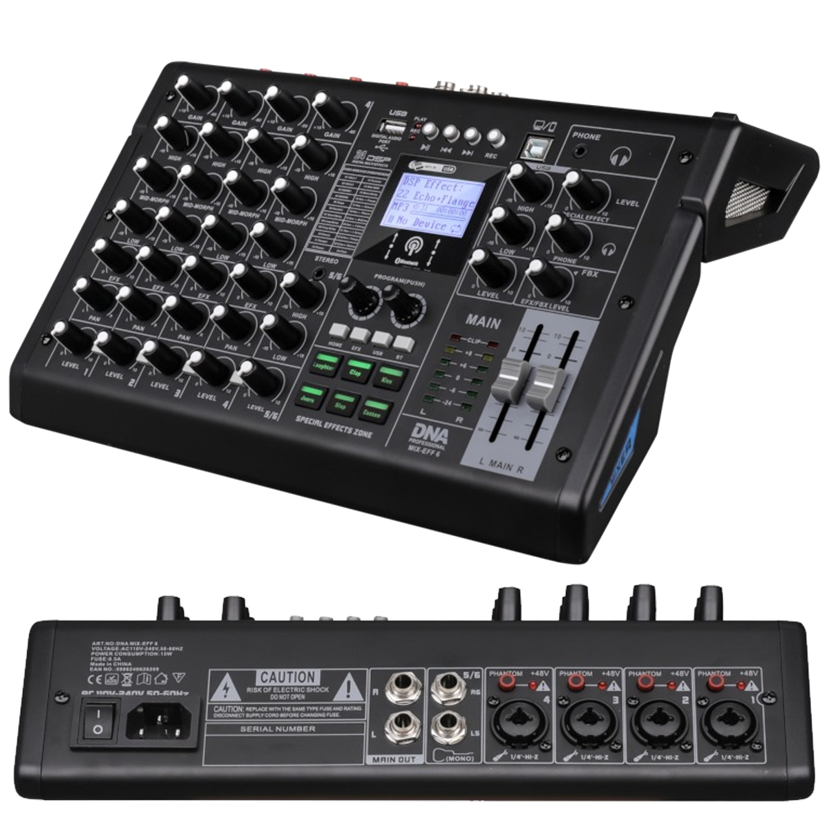 DNA MIX-EFF 6 - analogowy mikser dźwięku 6 kanałów USB MP3 Bluetooth Phantom +48V DSP EQ efekty dźwiękowe