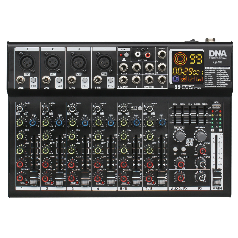 DNA QFX8 - analogowy mikser dźwięku 8 kanałów Bluetooth USB MP3 Phantom +48V DSP