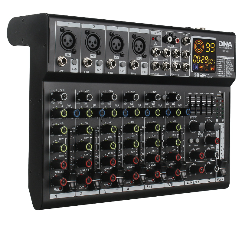 DNA QFX8 - analogowy mikser dźwięku 8 kanałów Bluetooth USB MP3 Phantom +48V DSP