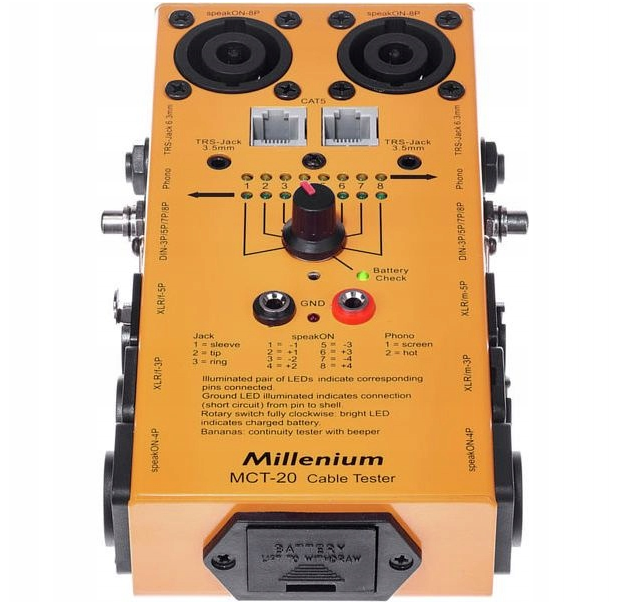 Millenium MCT-20 - tester kabli XLR DMX Speakon Jack RCA